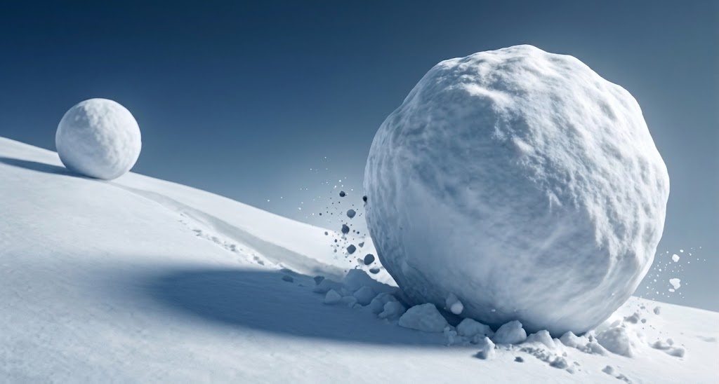 Illustration d'une boule de neige grossissant en dévalant une pente, représentant l'effet des intérêts composés et des dividendes réinvestis