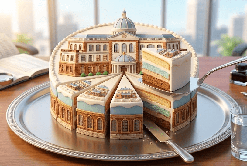 Illustration 3D montrant une grande entreprise posée sur un gâteau découpé en parts pour illustrer une action en bourse