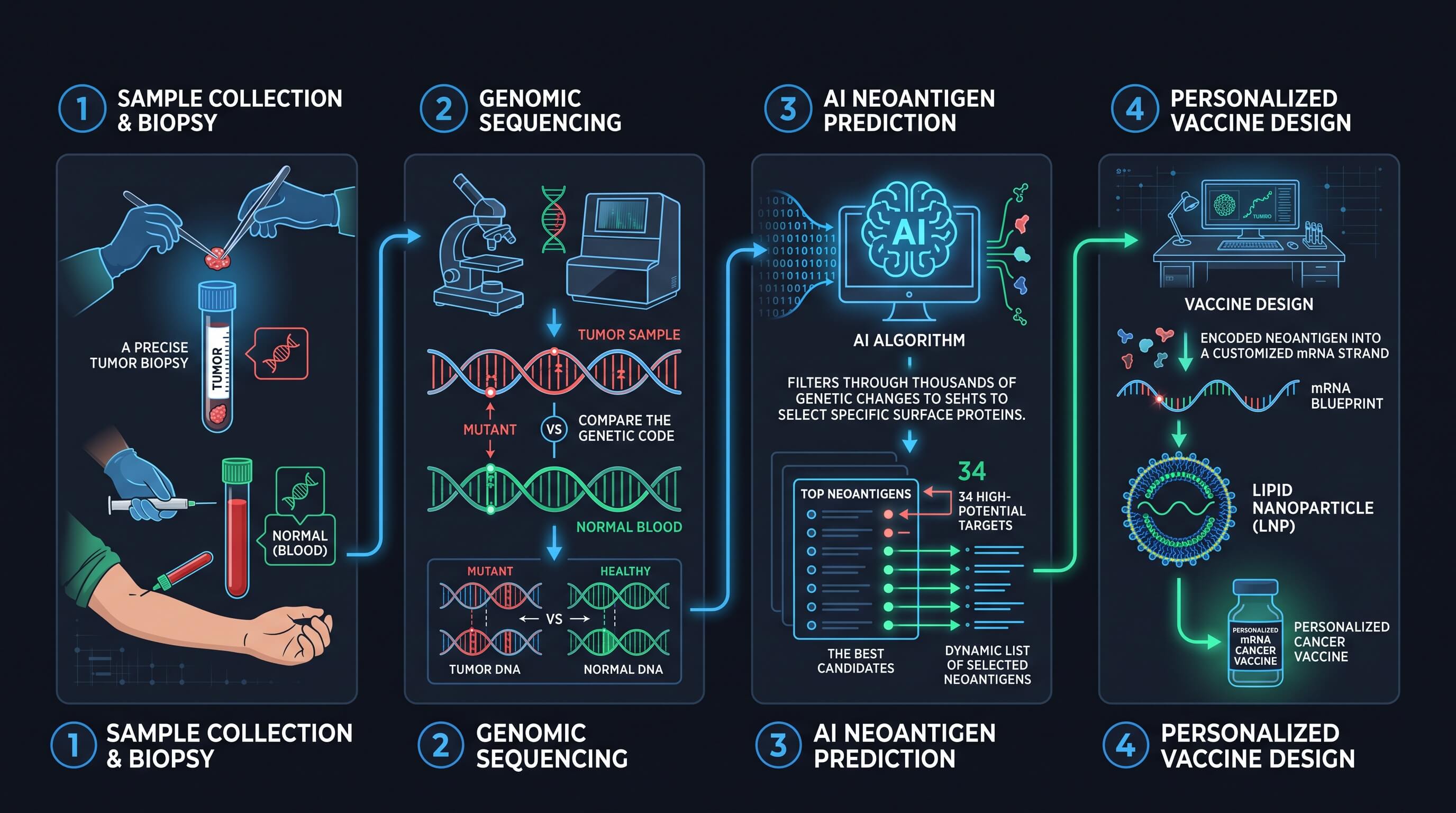 Schéma explicatif du séquençage de la tumeur et de la détection d'ADN tumoral pour la sélection des néoantigènes